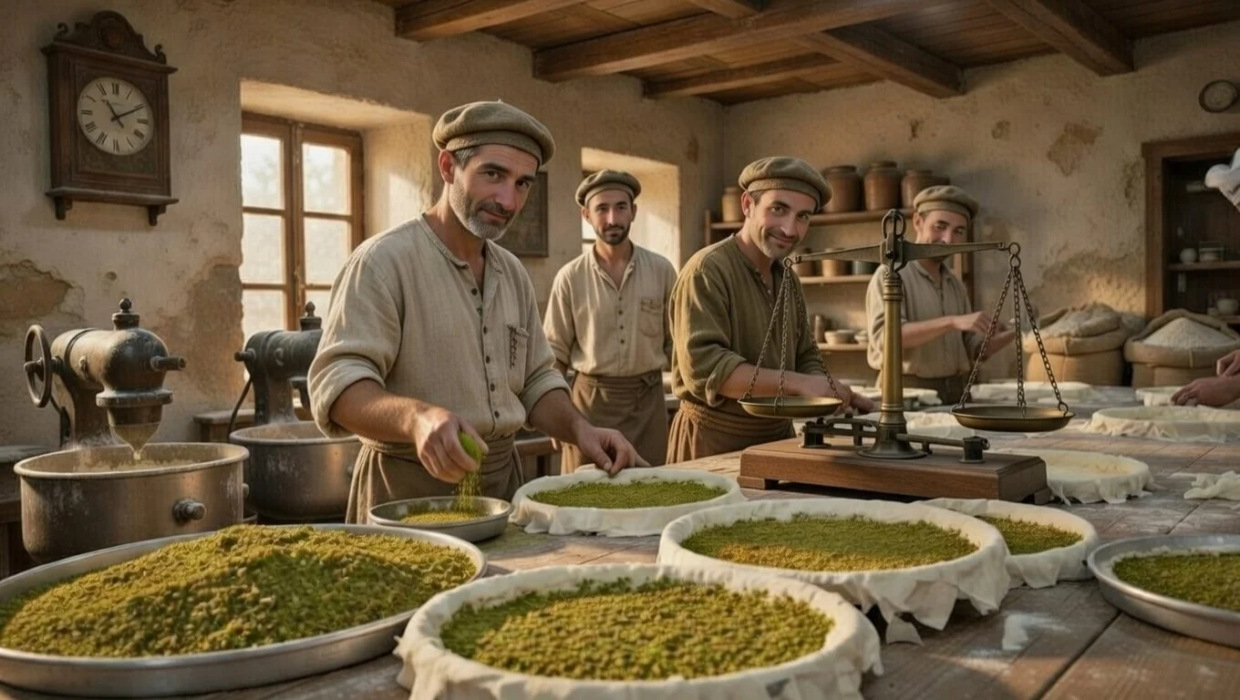 Katlama süreci — her yufka sayfası sade yağla fırçalanıyor