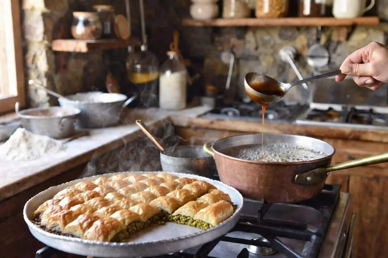 Dinlendirme sonrası baklava — şerbet tam emilmiş, servis hazır