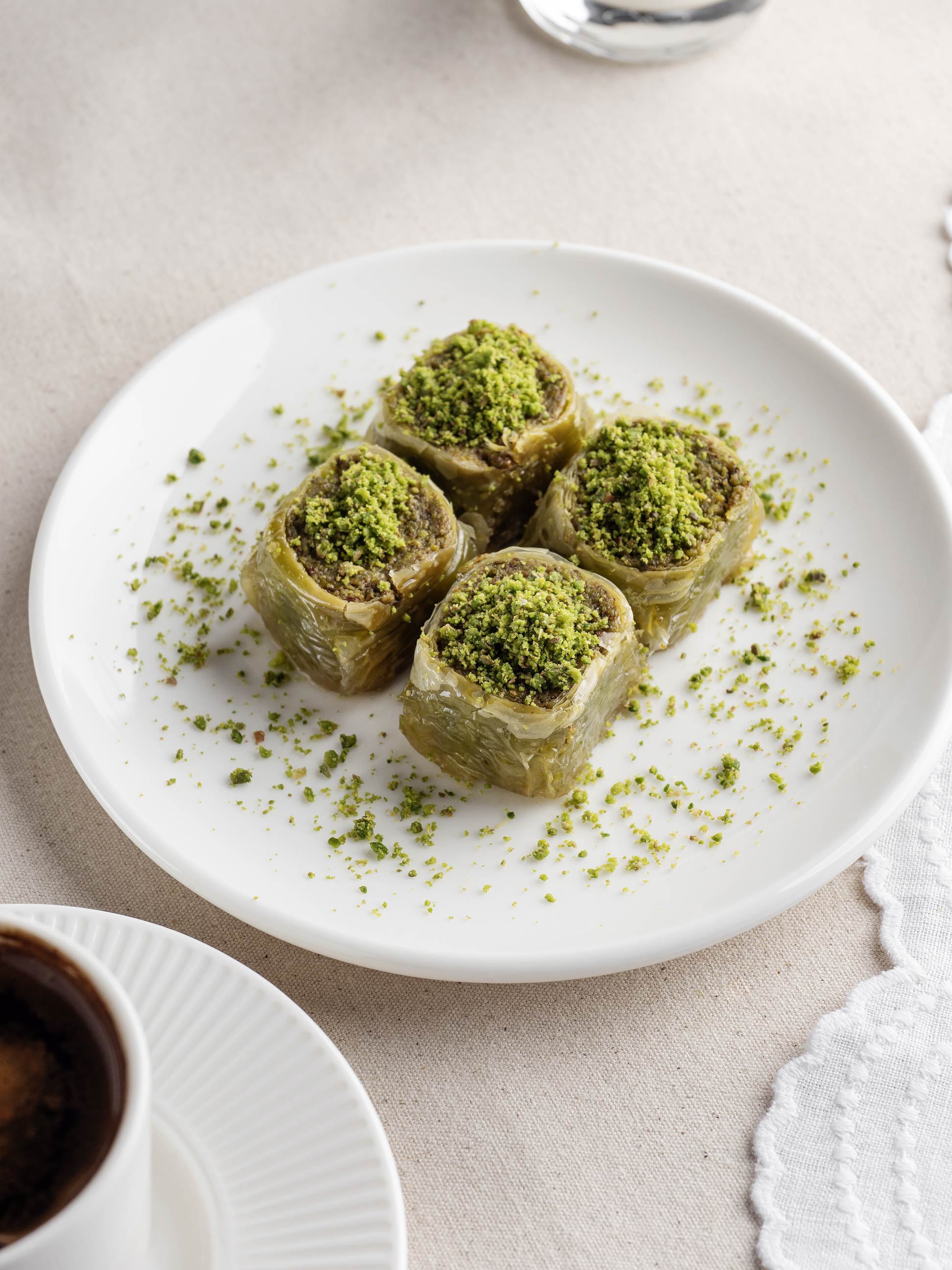 Saytad Palace Roll Baklava — golden rolled baklava with generous pistachio filling